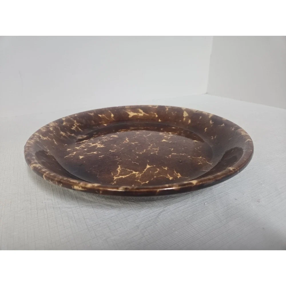 Antique Bennington Brown Spongeware Pottery Pie‎ Plate Yellowware Pie Dish 11